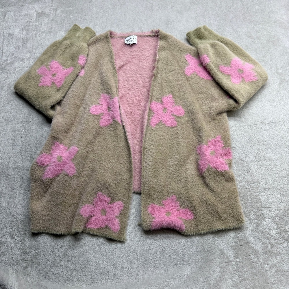 Judith March Cardigan Womens Large Taupe Pink Floral Fuzzy Eyelash Coquette Boho